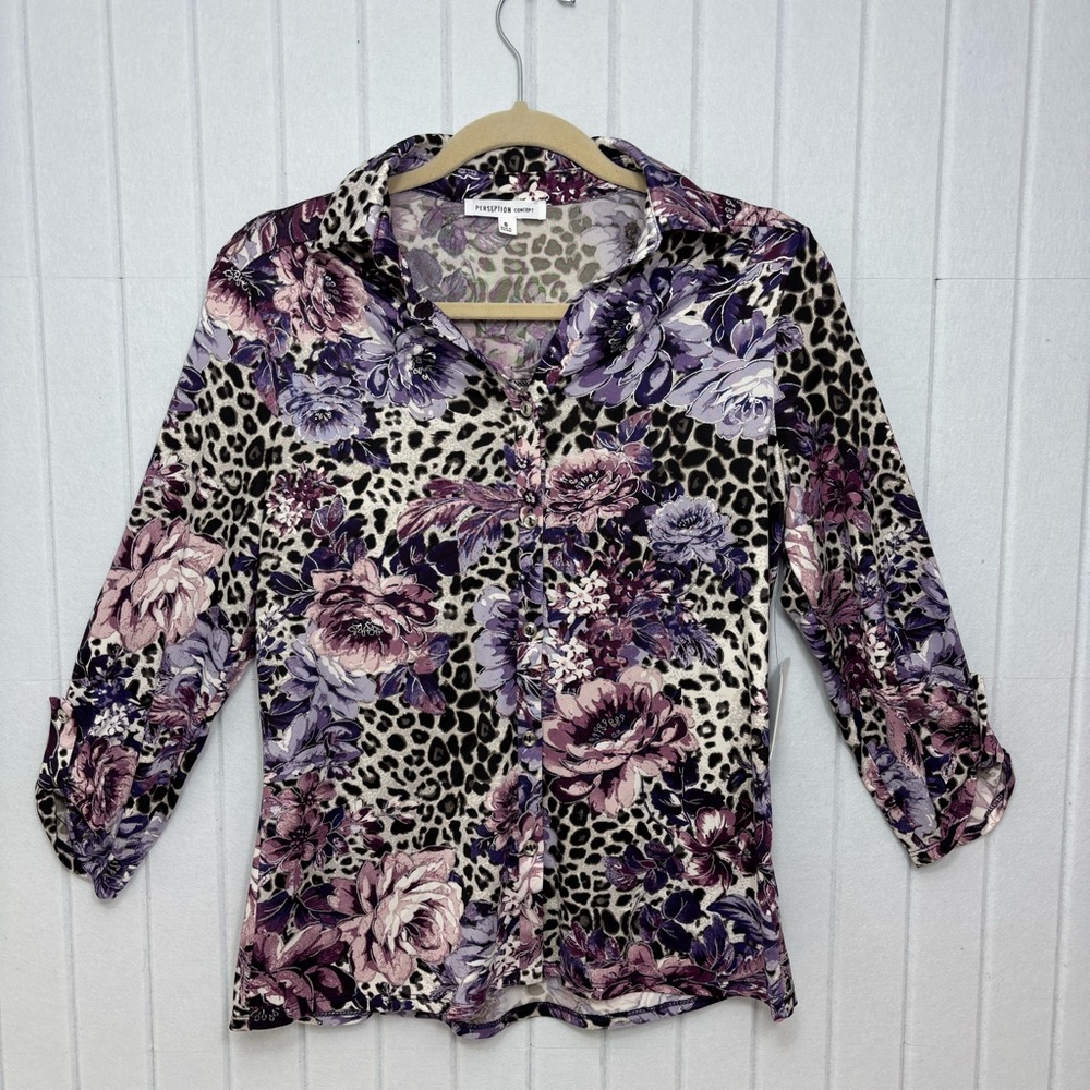 PerSeption Concept‎ Purple and Pink Floral Leopard Blouse Size S
